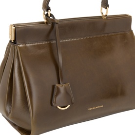 Victoria Beckham Dark Olive calf leather top handle bag with gold-tone hardware, structured frame, and front zip pull detail