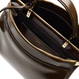 Victoria Beckham Dark Olive calf leather top handle bag, open interior view showing gold-tone hardware and structured compartments
