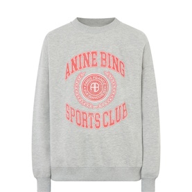 Anine Bing grey sweatshirt with coral Sports Club graphic print, crew neck, ribbed cuffs and hem