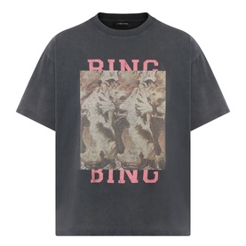 Anine Bing black washed cotton T-shirt with pink BING BING graphic print and faded floral motif, relaxed fit