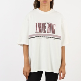 Model wearing Anine Bing white oversized cotton T-shirt with burgundy and brown varsity logo graphic print, crew neck