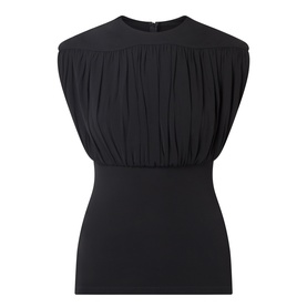 Anine Bing black sleeveless top with ruched gathered bodice, crew neck, and fitted silhouette in 100% viscose