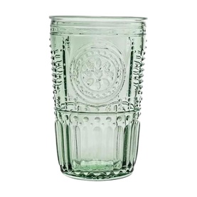 Pale green embossed glass tumbler with floral medallion motif, hobnail and ribbed detailing, on white background.