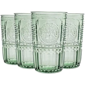 Set of four sage green embossed glass tumblers with decorative medallion and beaded band detailing