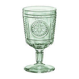 Sage green embossed glass goblet with floral medallion detail, beaded border, and footed stem