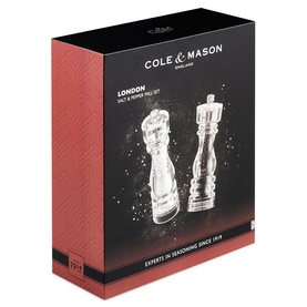 Cole & Mason London Salt & Pepper Mill Set in clear acrylic, shown in red branded gift box packaging