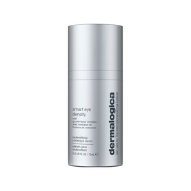 Dermalogica Smart Eye Density eye serum in a silver pump bottle with white and grey label detailing