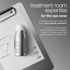 Dermalogica Eye Serum in pump bottle on clipboard, with "treatment room expertise for the eye zone" text overlay