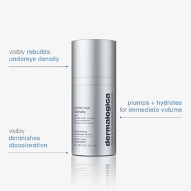 Dermalogica Smart Eye Density eye serum in pump bottle with callouts highlighting rebuilding, plumping and discoloration benefits