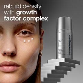 Dermalogica Smart Response Eye Serum shown beside model with product dots applied under eyes, stacked platform display backdrop