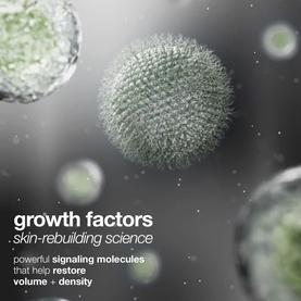 Dermalogica eye serum growth factors skin-rebuilding science campaign visual showing microscopic green spherical molecules on grey background.