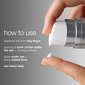 Dermalogica Eye Serum pump dispenser shown with how-to-use instructions: apply dot under eye along orbital bone twice daily.