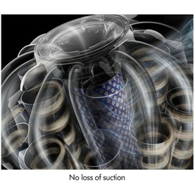 Dyson V8 Cyclone Vacuum Cleaner cutaway graphic showing multi-cyclone airflow technology with no loss of suction caption