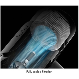Dyson V8 Cyclone Vacuum Cleaner internal fully sealed filtration system shown in cross-section with blue airflow illustration