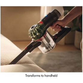 Dyson V8 Cyclone Vacuum Cleaner used as handheld attachment to clean a cream sofa, shown in multi-colour finish