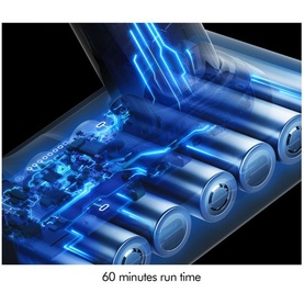 Dyson V8 Cyclone Vacuum Cleaner internal battery graphic highlighting 60-minute run time with four illuminated cylindrical cells.