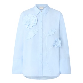 Fabienne Chapot Alex 3D Floral Appliqu&eacute; Blouse in Icey Blue, classic collar, long sleeves, front button fastening, curved hem, 3D floral detail