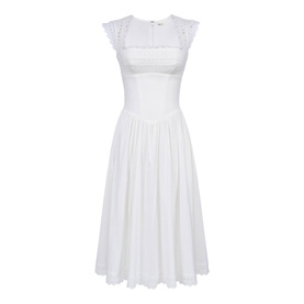 House of CB white midi dress with broderie anglaise lace bodice, cap sleeves, square neckline and full pleated skirt