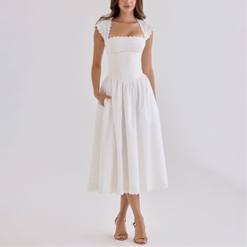Model wearing House of CB white midi dress with square neckline, scallop trim, cap sleeves and full A-line skirt, styled with nude heeled sandals