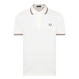 Fred Perry Laurel Wreath Logo Twin Tipped Polo Shirt in Ecru with burgundy and green twin tipped trims, button placket, short sleeves.