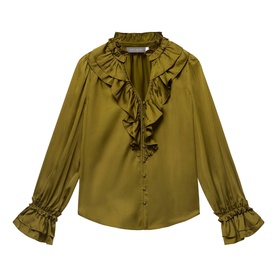 Mint Velvet green satin blouse with ruffle bib front, high neck, button placket, and frill cuffs