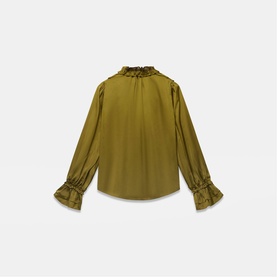 Mint Velvet green satin blouse with ruffled high neck, frill cuffs, and long sleeves, shown flat from the back