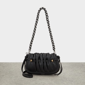 Isabel Marant black leather crossbody bag with ruched detail, silver chain strap and adjustable leather shoulder strap