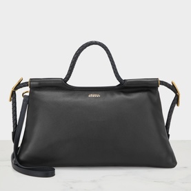 Isabel Marant black lamb leather top handle bag with braided handle, gold-tone hardware, and detachable shoulder strap
