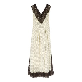 Whistles midi dress in cream with black polka dots, V-neckline and hem with black lace trim detailing, sleeveless