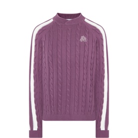 Pellador maroon cable-knit cotton crew neck jumper with white stripe sleeve detail and embroidered chest logo