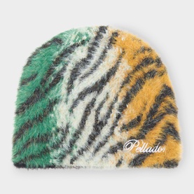 Pellador multi-coloured tiger-stripe fluffy beanie hat with green, orange and black pattern and embroidered logo