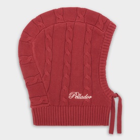 Pellador cable-knit cotton balaclava hat in red with embroidered logo and tie fastening