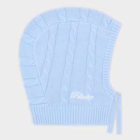Pellador blue cable-knit cotton balaclava hat with embroidered logo and side tie fastening