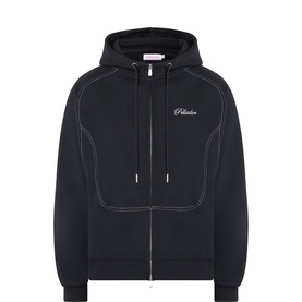 Pellador black zip-up hoodie with white contrast stitching, script logo embroidery, drawstring hood, and front zip fastening