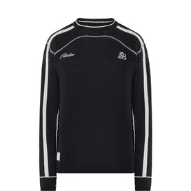 Pellador black cotton crew neck knit jumper with white stripe sleeves, contrast seam detailing and embroidered chest logo