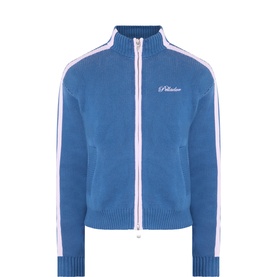 Pellador navy cotton knit zip-through jacket with white and pink stripe tape sleeves and ribbed cuffs and hem