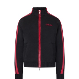 Pellador black cotton knit zip-up jacket with red contrast side stripes, zip detail, and embroidered script logo on chest