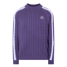 Pellador purple cable-knit cotton sweater with mock neck and white stripe sleeve detailing