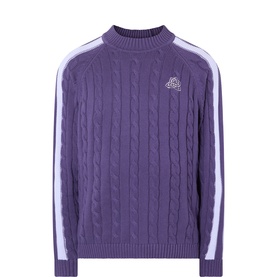 Pellador purple cable-knit cotton sweater with mock neck and white stripe sleeve detailing