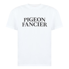 Pellador white cotton T-shirt with bold Pigeon Fancier slogan print, crew neck and short sleeves