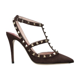 Valentino brown suede pointed-toe heels with gold studded T-bar and ankle strap detailing