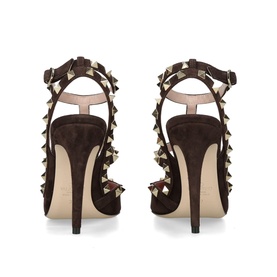 Valentino brown suede rockstud strappy heeled sandals, gold pyramid studs on ankle and T-bar straps, stiletto heel, rear view