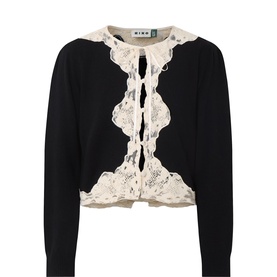 Rixo London black wool-cashmere cardigan with cream lace trim and tie front detail, cropped length
