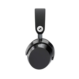 Sennheiser over-ear wireless headphones in matte black with padded headband and circular ear cushions, side profile view