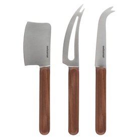 Swissmar Knife Set in walnut, three-piece stainless steel cheese knives with wood-effect handles including cleaver, fork and blade