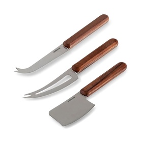 Swissmar walnut handle cheese knife set with slicing knife, fork, and cleaver in stainless steel, flat lay on white background