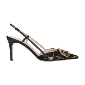 Valentino black lace slingback heels with gold VLogo buckle detail, pointed toe, and stiletto heel