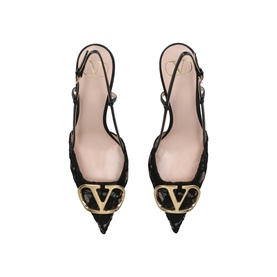 Valentino black lace slingback heels with gold VLogo pointed toe detail, pink leather insole, ankle strap closure, overhead view