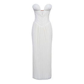 House of CB white strapless maxi dress with sweetheart bustier bodice and pleated skirt detail