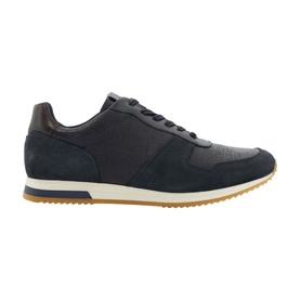 Navy blue lace-up trainer with mixed texture panels, brown heel detail, white midsole and gum rubber outsole